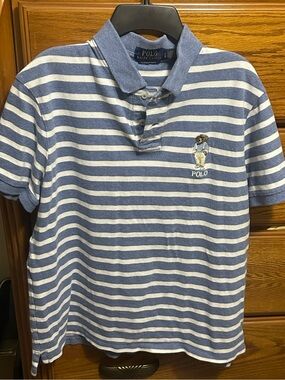 Polo Ralph Lauren Bear Stripe Polo Shirt Blue White Custom Slim Fit Large